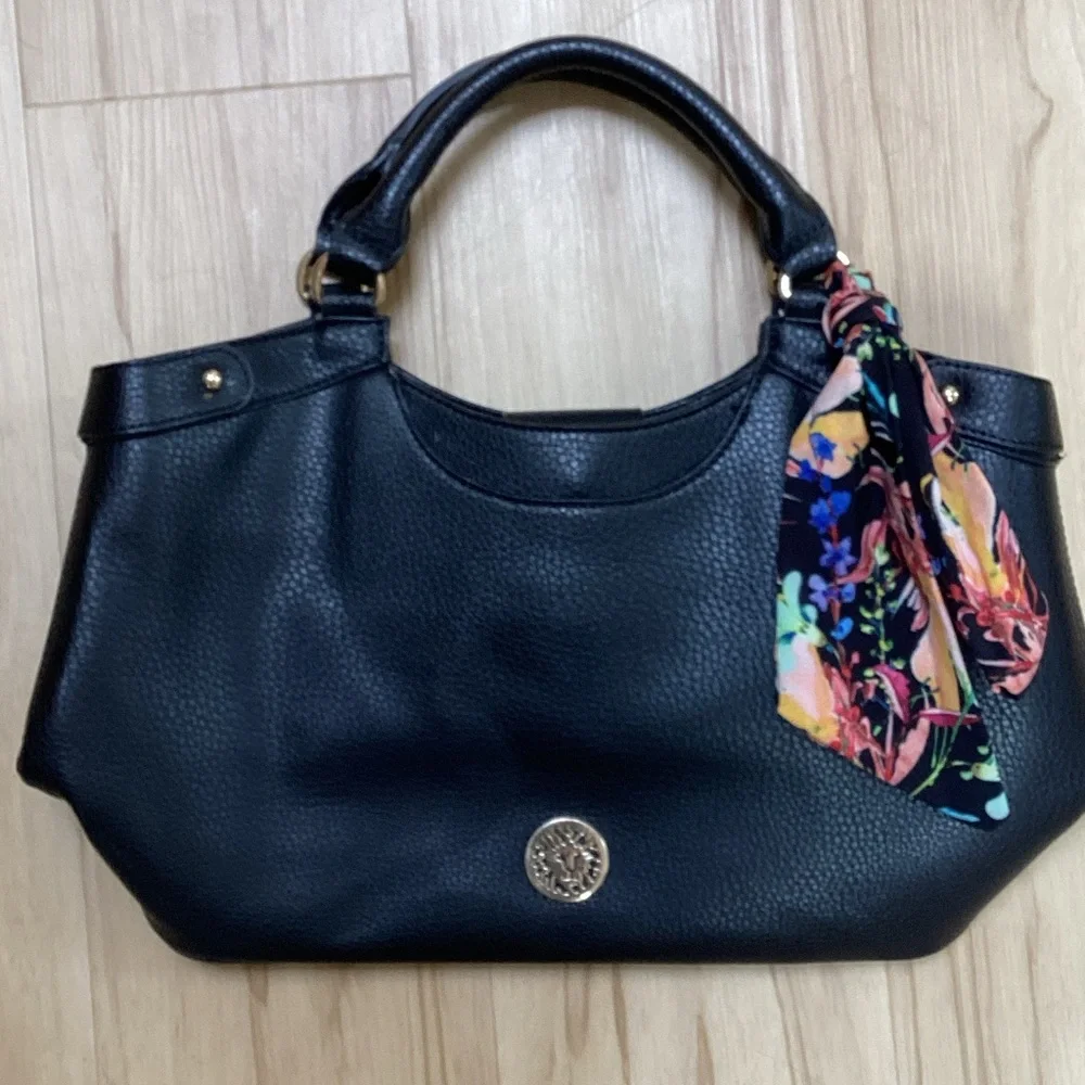 Anne Klein Elegant Pebbled Black Vegan Leather‎ Handbag With Floral Accent Scarf